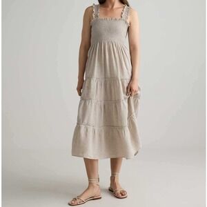 NEW Quince 100% European Linen Smocked Midi Dress Sand Tiered Size Large
